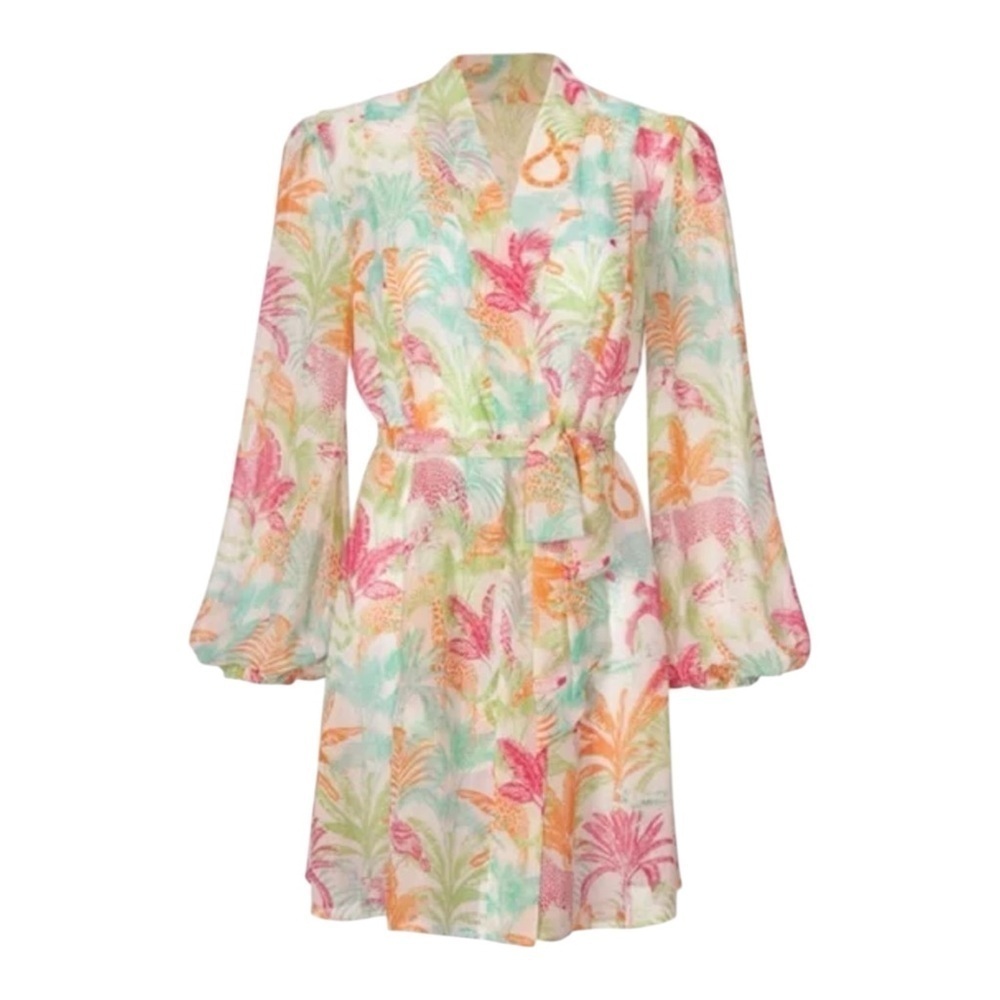 CAbi Sunset Kimono Long Baloon Sleeve Belted Womens Size L Multicolor Tropical